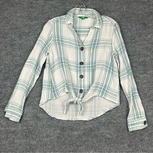 Dip XS Blue Green Plaid Gauze Tie Front Button Up Shirt Coastal Cotton